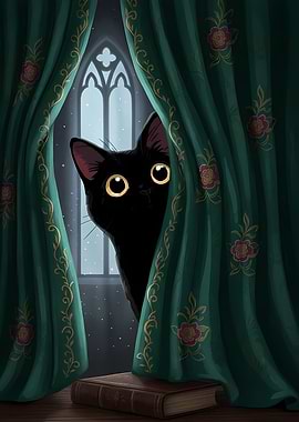 Black cat peeking through curtains