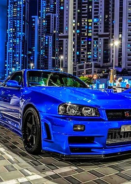 Blue Nissan Skyline GT-R R34 at Night