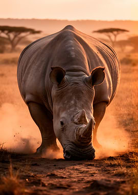Rhino charging in dusty savanna