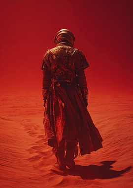 Astronaut walking on red desert planet