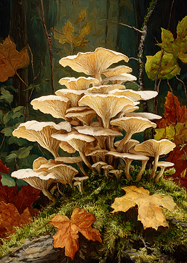 Mushroom Cluster on Mossy Log