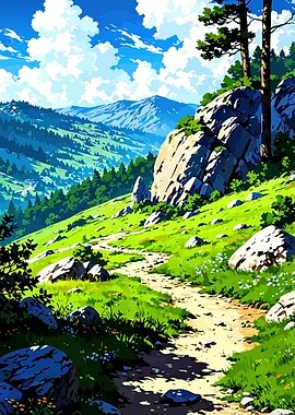 Anime Mountain Landscape with Path