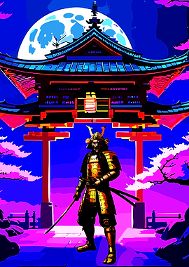 Samurai Warrior Under a Full Moon
