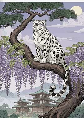 Snow Leopard on Tree Branch