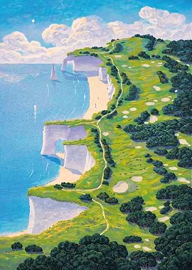 Coastal Golf Course with Cliffs and Sailboat