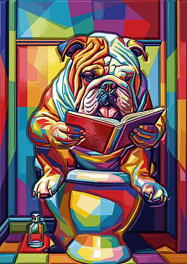 Bulldog Reading on Toilet