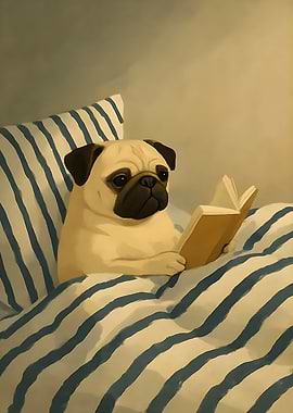 Pug Reading a Book in Bed