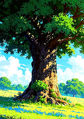 Majestic Oak Tree in a Sunny Meadow