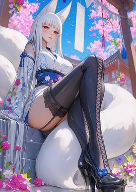 Kitsune Girl in Kimono with Cherry Blossoms