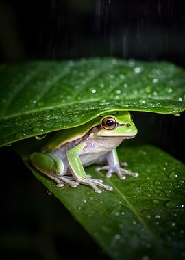 Frog Hiding Under Leaf in Rain