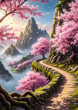 Serene Mountain Path with Cherry Blossoms