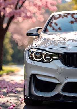 White BMW M4 with Cherry Blossoms