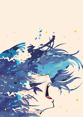 Anime character with blue hair and water