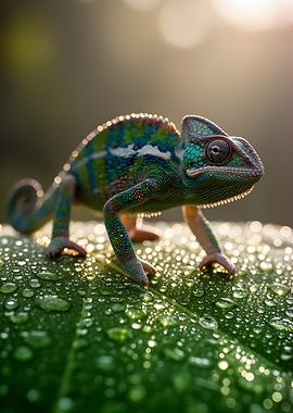 Chameleon on a Dewy Leaf