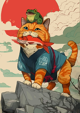 Cat with Fish and Frog