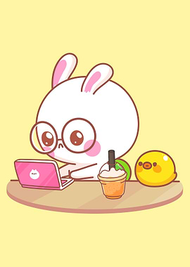 Cute Bunny Working on Laptop with Drink