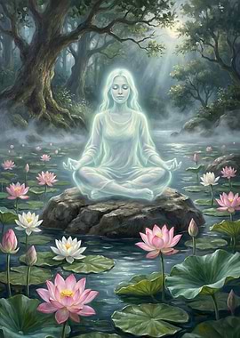 Serene Woman Meditating in Lotus Pond