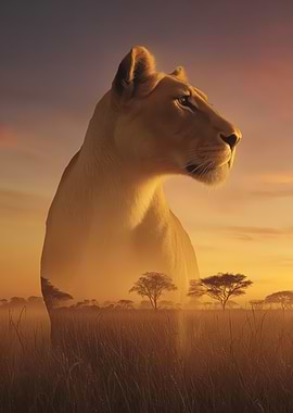 Lioness in African Savannah Sunset