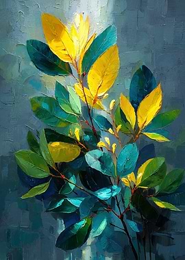 Impressionistic Leaves in Yellow and Teal