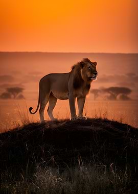 Lion on a hill at sunset