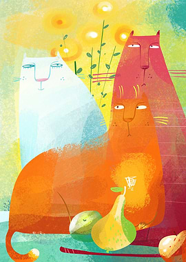 Three stylized cats with fruit