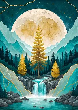 Heart of the Moon: Golden Tree and Waterfall in a Celestial Landscape