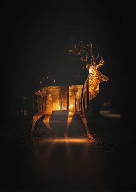 Golden Deer Forest Silhouette