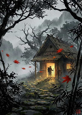 Samurai approaching a rustic hut