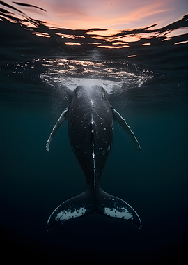 Humpback whale surfacing at sunset