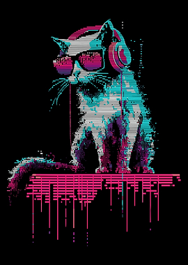 Glitch Cat Poster, Pixel Art DJ Cat Wall Art, Retro Futuristic Neon Music Print