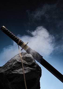 Katana on a rock with smoke
