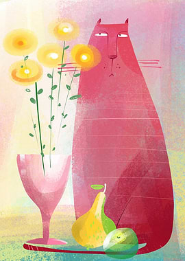 Whimsical Cat with Flowers and Fruit