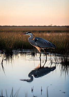 Heron in marsh at sunset
