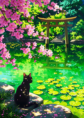 Black cat by a pond with cherry blossoms