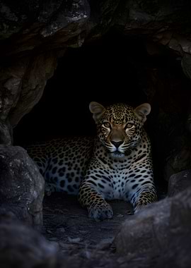 Leopard in a dark cave
