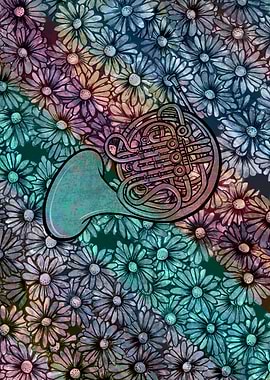 French Horn with Floral Background