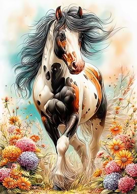 Majestic Pinto Horse in a Field of Flowers