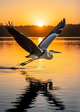 Heron flying over water at sunset