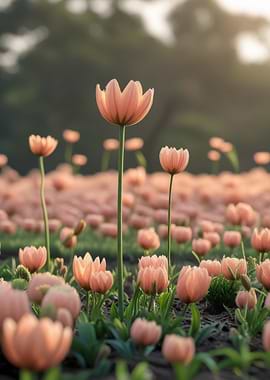 Field of Pink Tulips at Sunrise