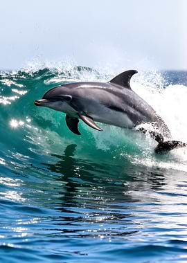 Dolphin leaping through a wave