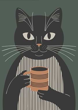 Black Cat Holding a Coffee Mug