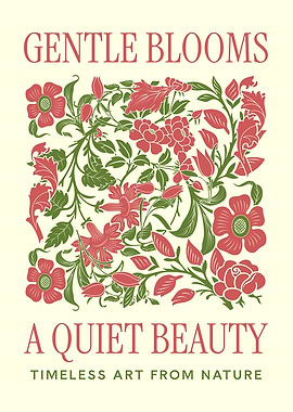 Gentle Blooms Floral Poster – Vintage Botanical Wall Art Print, Red & Green Nature Illustration