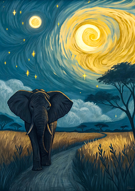 Celestial Walk Elephant Under a Starry and Swirling Van Gogh Sky