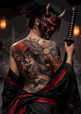 Tattooed Woman in Oni Mask with Katana