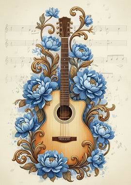 Acoustic Guitar with Blue Flowers
