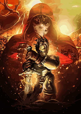 Fantasy Warrior with Hooded Figure