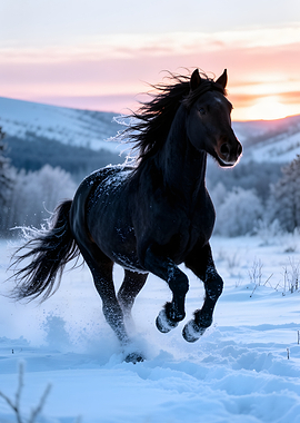 Black horse running in snow