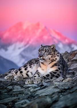 Snow Leopard in Mountain Sunset
