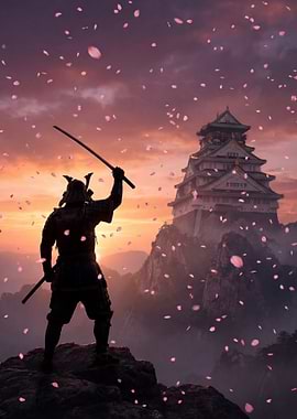 Samurai warrior with sword and castle