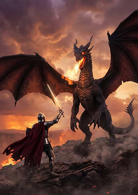Knight battles a fire-breathing dragon